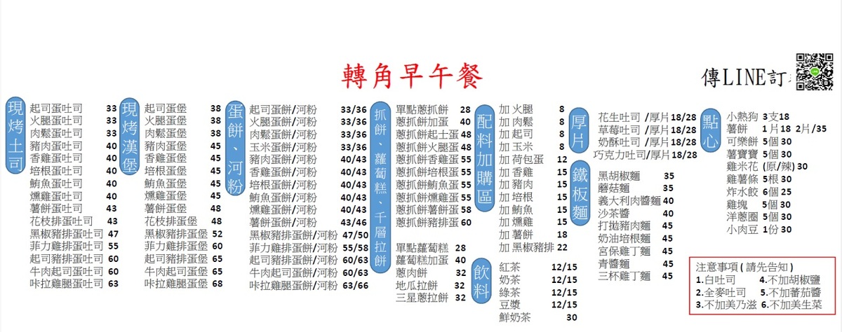 轉角早午餐菜單圖片